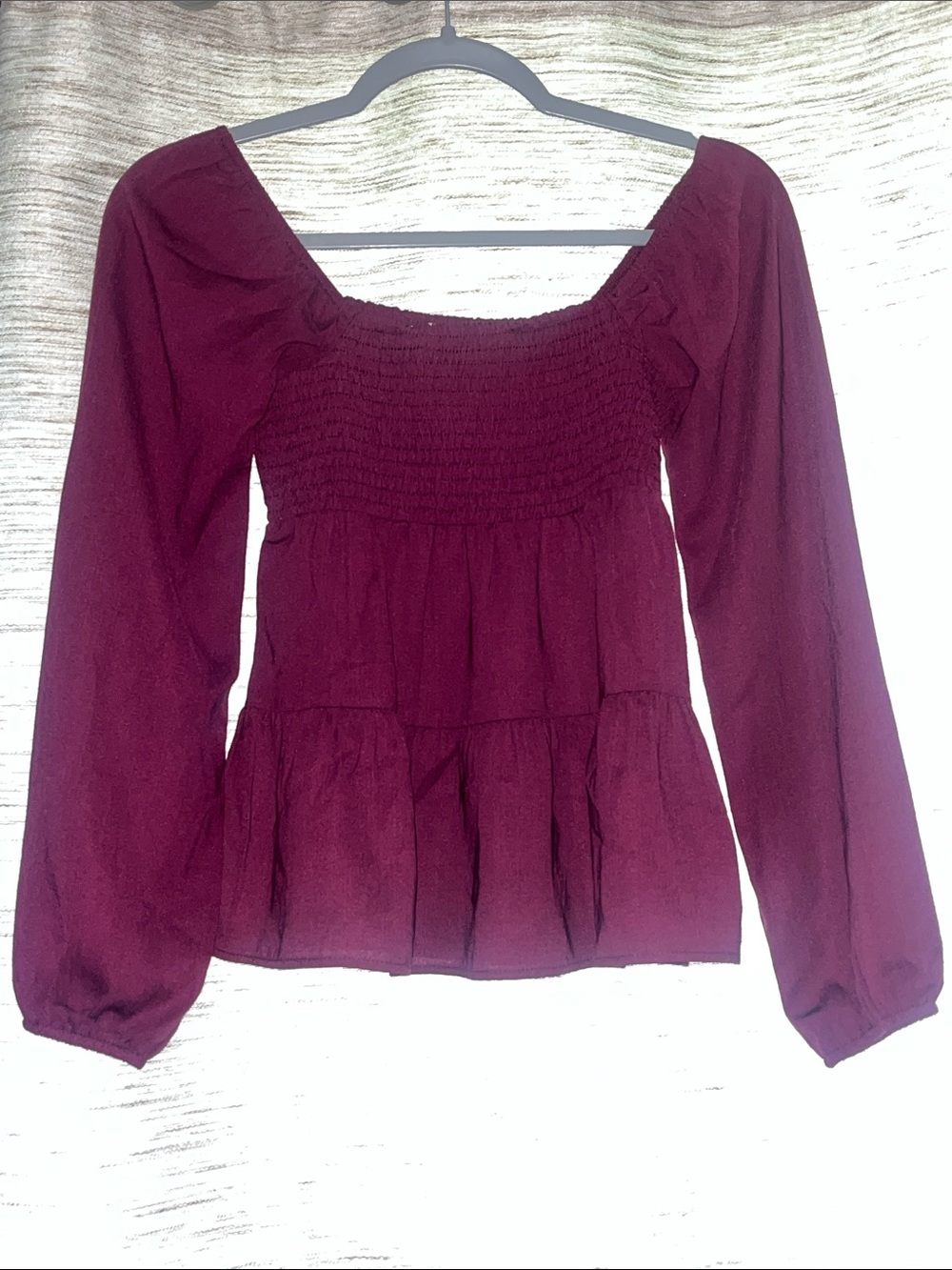 Paper Crane Burgundy Smocked Peplum Long Sleeve Top